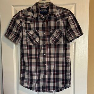 Aeropostale men’s gray plaid short sleeve pearl snap shirt size small